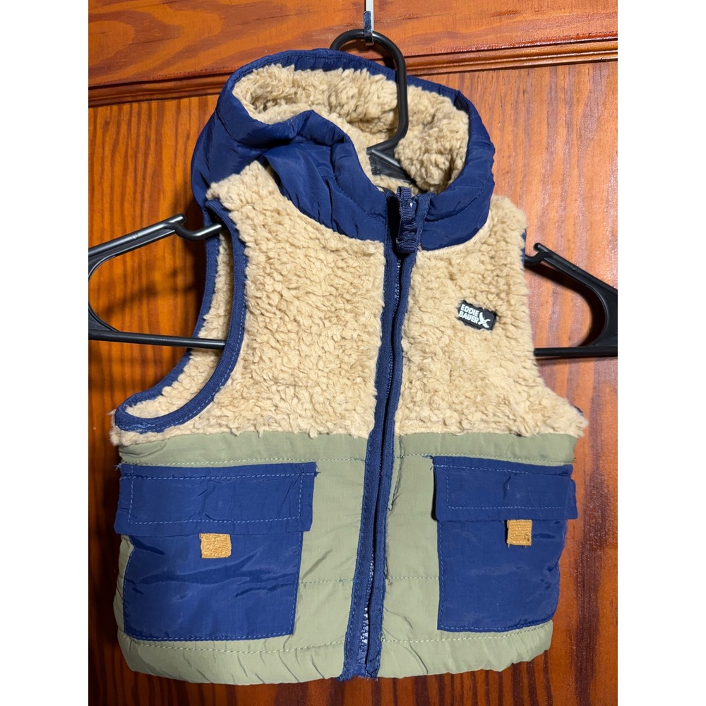 Eddie Bauer Kids Hooded Sherpa Fleece Puffer Vest Blue Green Tan 12M EBY15067